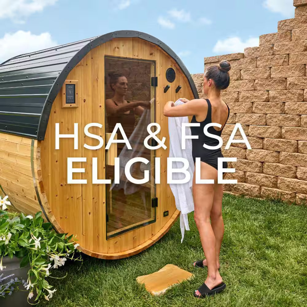 Paxton 4-Person Outdoor Cedar Traditional Wet/Dry Barrel Sauna with 9Kw Electric Heater, Wi-Fi Control, LED Lights