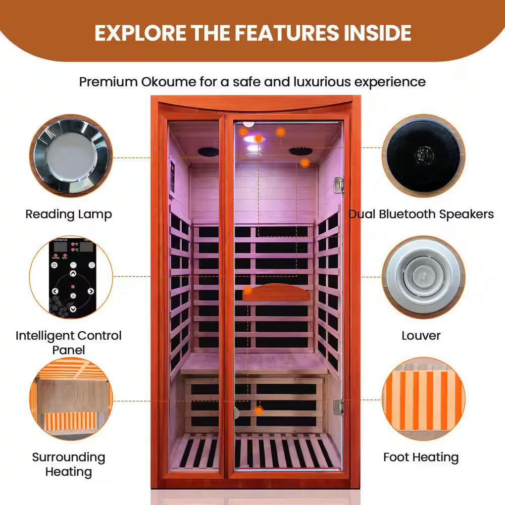 1-Person Spacious Indoor Okoume Wood Infrared Sauna with 6-Carbon Heating Panels, Bluetooth Speakers, Color Light