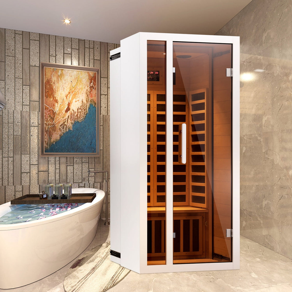 Transform Your Home with the 1-Person Extendable FAR Infrared Sauna – Enjoy Luxurious Relaxation with Hemlock Wood, Bluetooth Speaker, LED Lights, and Digital Control