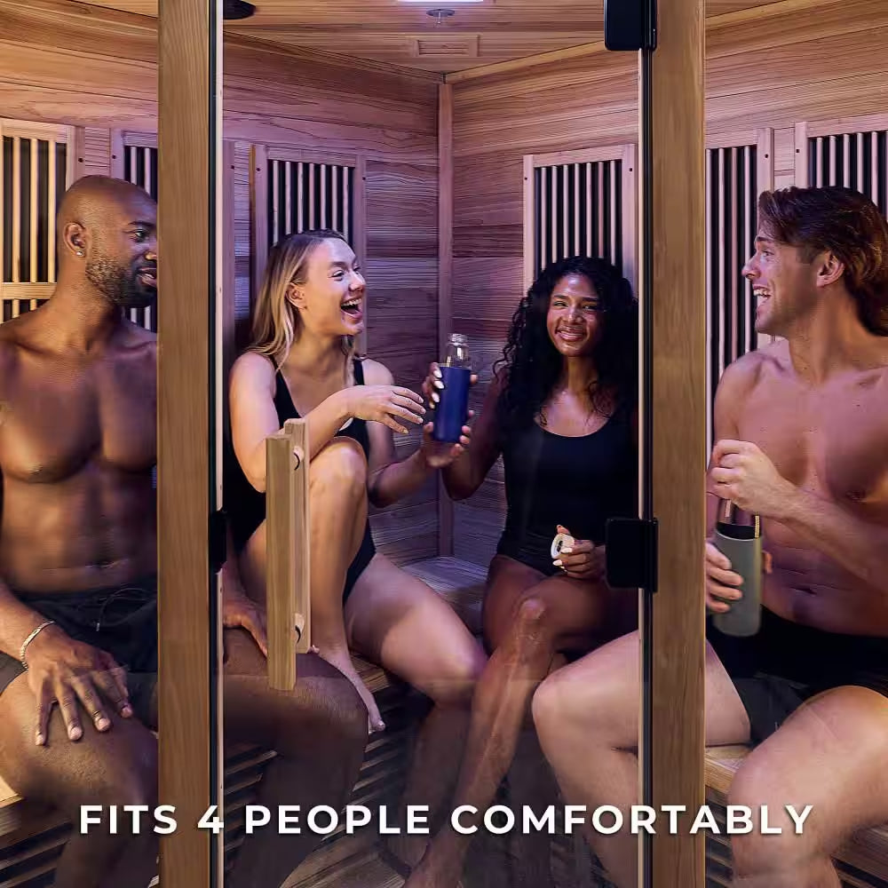 Rylan 4-Person Indoor Cedar Infrared Corner Sauna with 11 Carbon Far-Infrared Heaters, Red Light Therapy, Chromotherapy