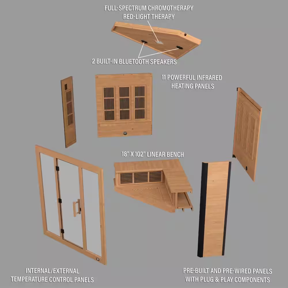 Rylan 4-Person Indoor Cedar Infrared Corner Sauna with 11 Carbon Far-Infrared Heaters, Red Light Therapy, Chromotherapy