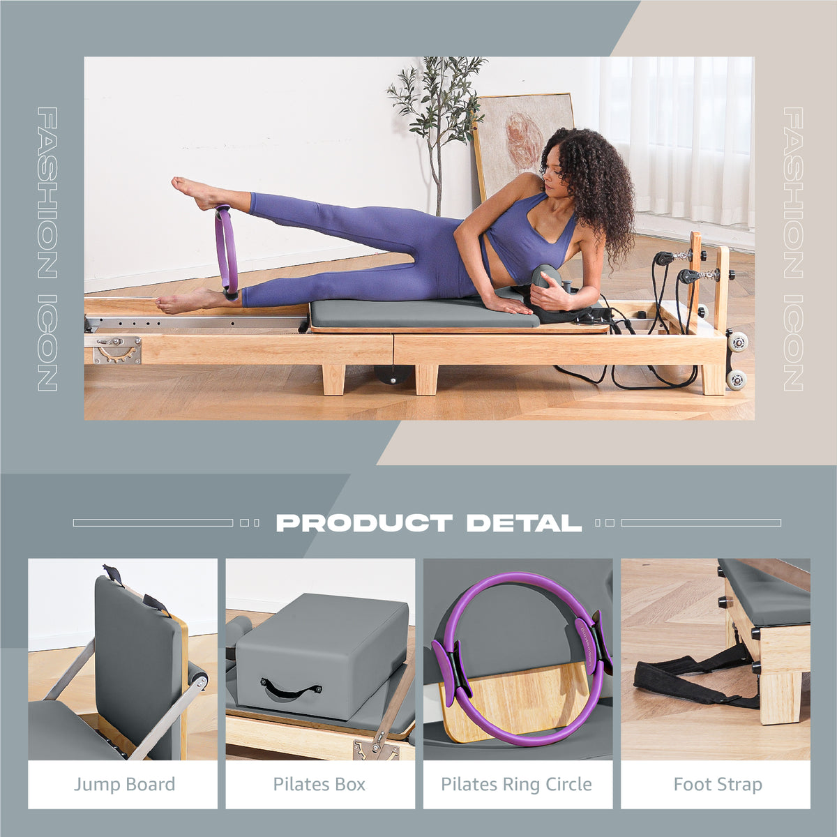 Pilates Reformer Machine, Foldable Studio Grade Pilates Equipment for Gym and Home Workout, Oak Wood Pilates Reformer with Reformer Accessories,Pilates Box, Padded Jump Board,Gray