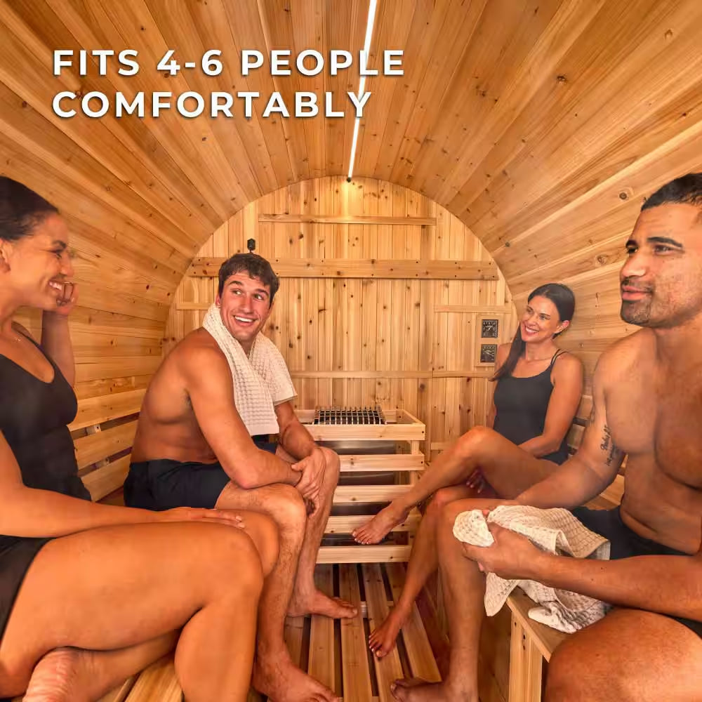 Paxton 6-Person Outdoor Cedar Traditional Wet/Dry Barrel Sauna with 9Kw Electric Heater, Wi-Fi Control, LED Lights