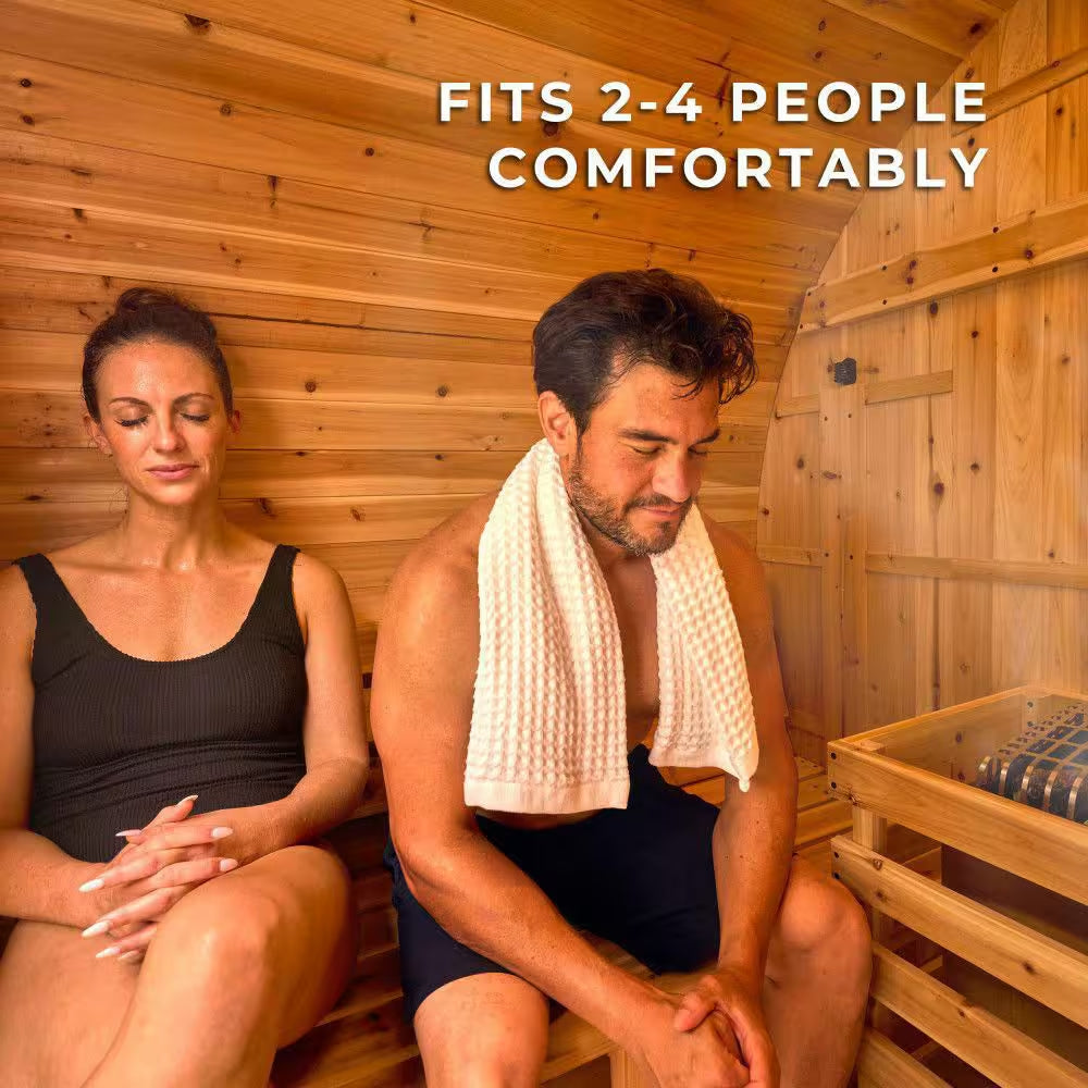Paxton 4-Person Outdoor Cedar Traditional Wet/Dry Barrel Sauna with 9Kw Electric Heater, Wi-Fi Control, LED Lights