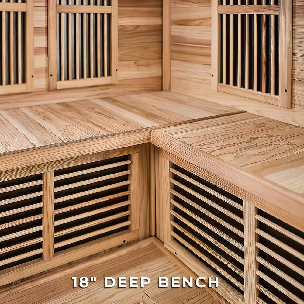 Rylan 4-Person Indoor Cedar Infrared Corner Sauna with 11 Carbon Far-Infrared Heaters, Red Light Therapy, Chromotherapy
