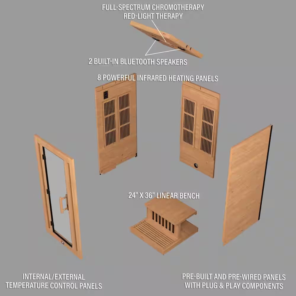Rylan 1-Person Indoor Cedar Infrared Sauna with 8 Carbon Far-Infrared Heaters, Red Light Therapy and Chromotherapy