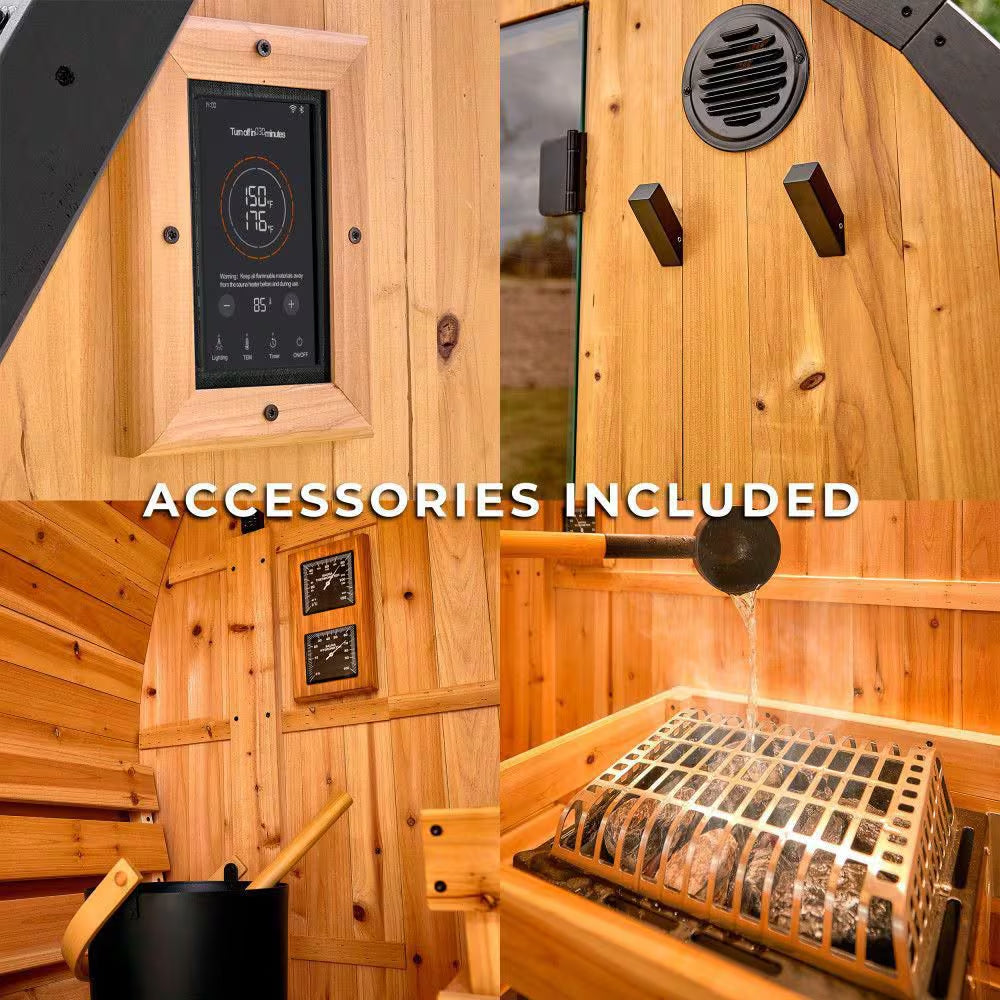Paxton 4-Person Outdoor Cedar Traditional Wet/Dry Barrel Sauna with 9Kw Electric Heater, Wi-Fi Control, LED Lights