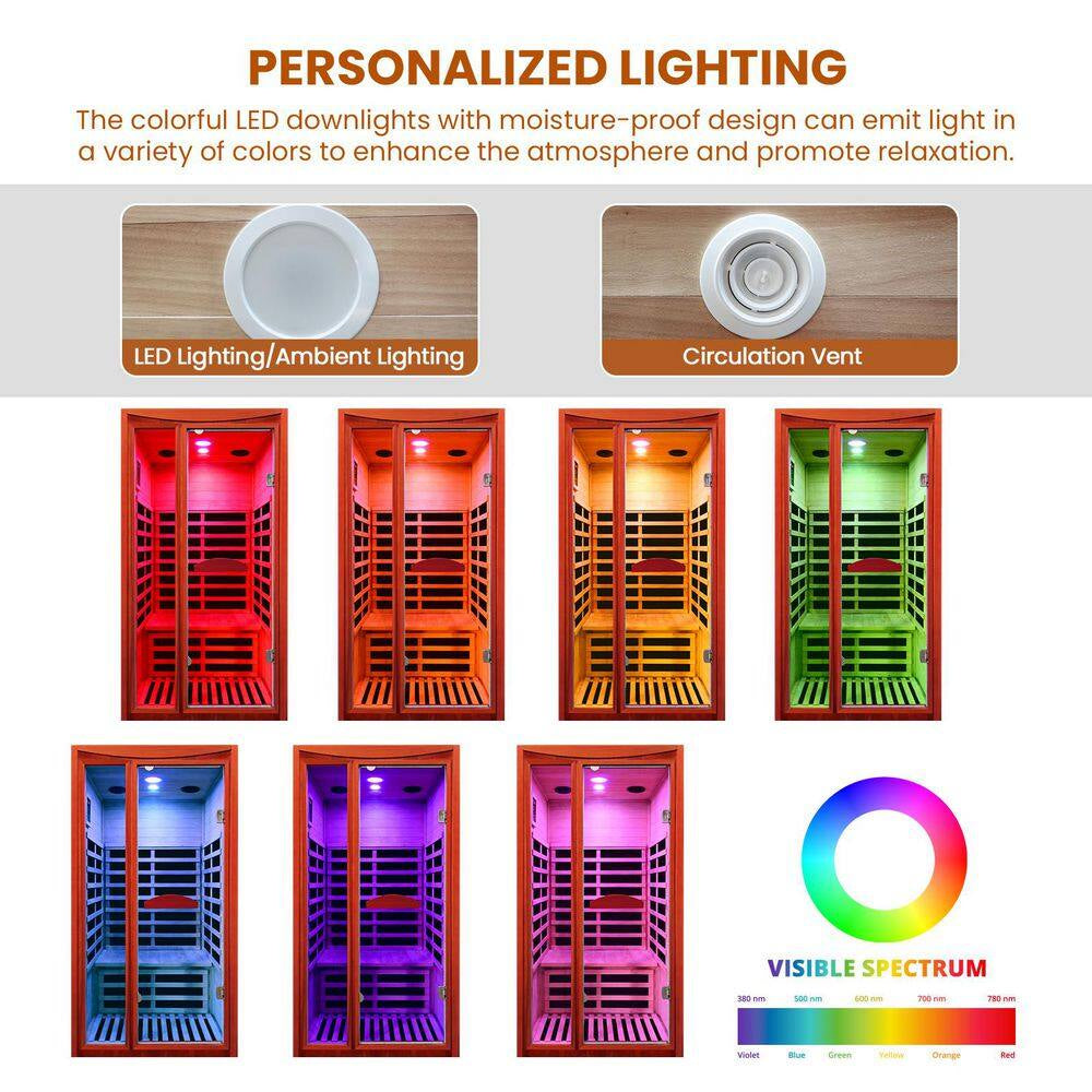 1-Person Spacious Indoor Okoume Wood Infrared Sauna with 6-Carbon Heating Panels, Bluetooth Speakers, Color Light