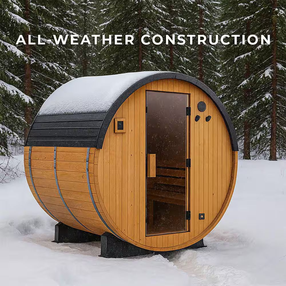 Paxton 6-Person Outdoor Cedar Traditional Wet/Dry Barrel Sauna with 9Kw Electric Heater, Wi-Fi Control, LED Lights