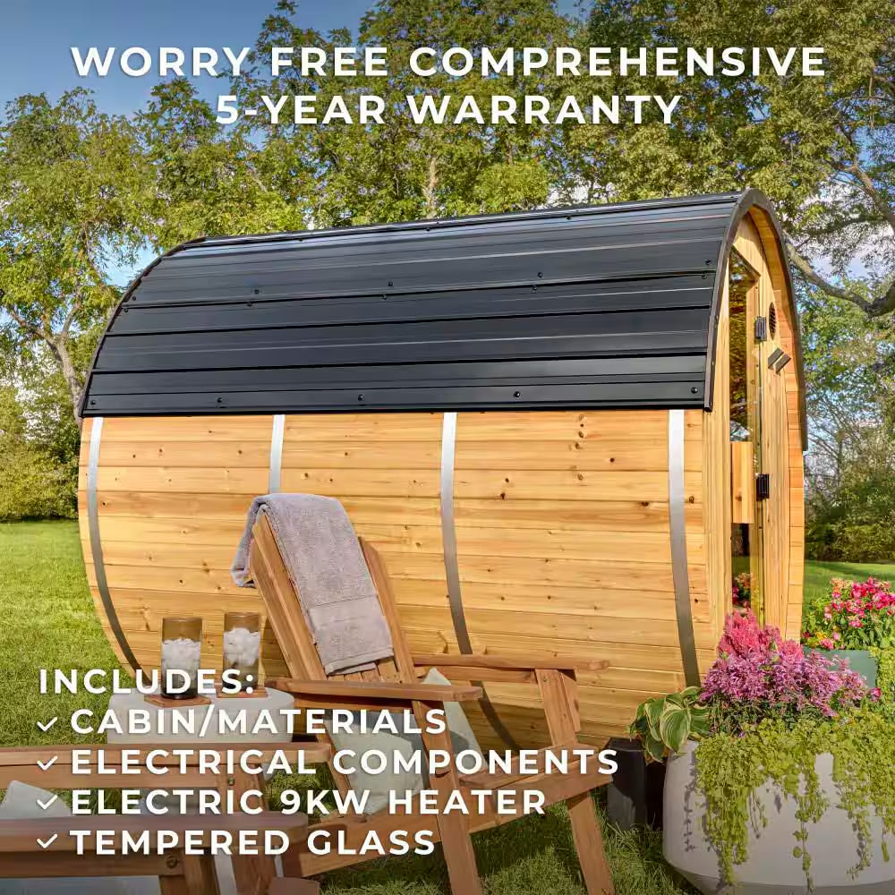 Paxton 6-Person Outdoor Cedar Traditional Wet/Dry Barrel Sauna with 9Kw Electric Heater, Wi-Fi Control, LED Lights