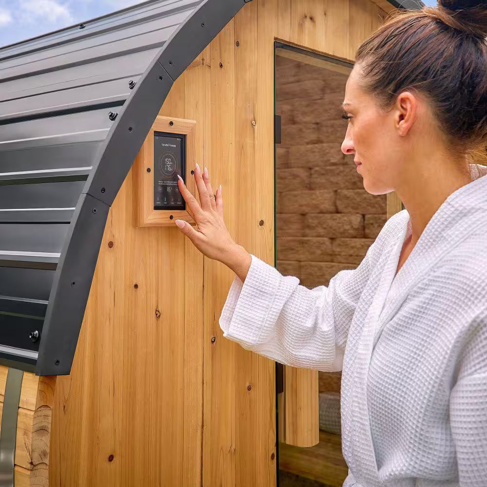 Paxton 4-Person Outdoor Cedar Traditional Wet/Dry Barrel Sauna with 9Kw Electric Heater, Wi-Fi Control, LED Lights