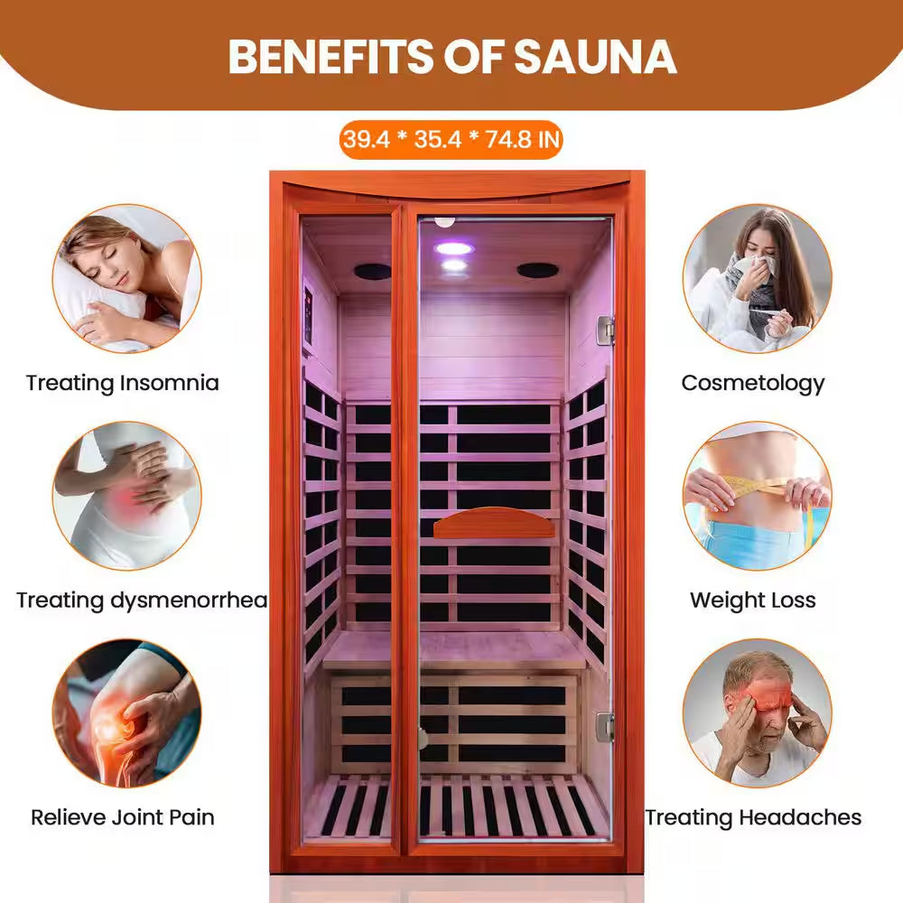 1-Person Spacious Indoor Okoume Wood Infrared Sauna with 6-Carbon Heating Panels, Bluetooth Speakers, Color Light