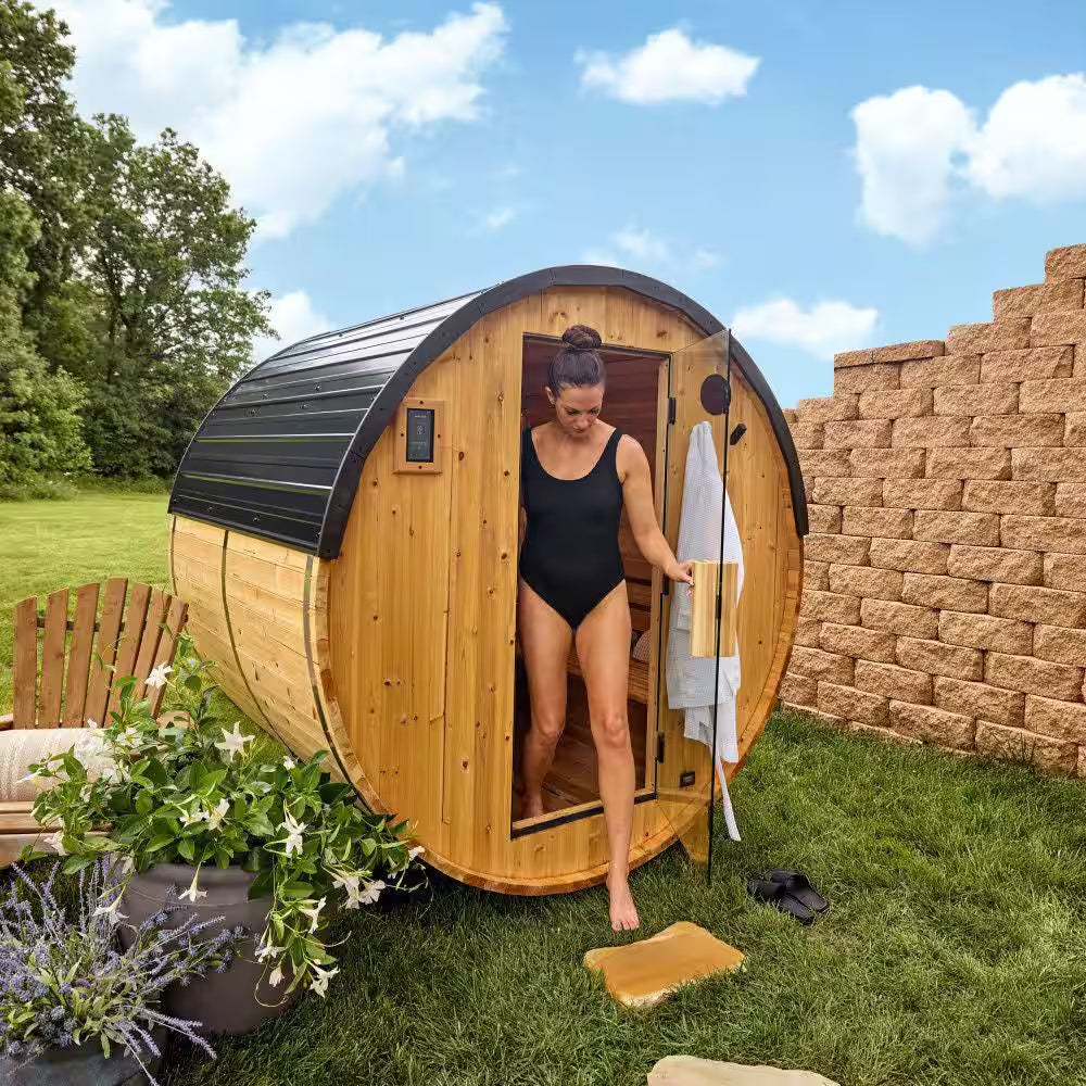 Paxton 4-Person Outdoor Cedar Traditional Wet/Dry Barrel Sauna with 9Kw Electric Heater, Wi-Fi Control, LED Lights