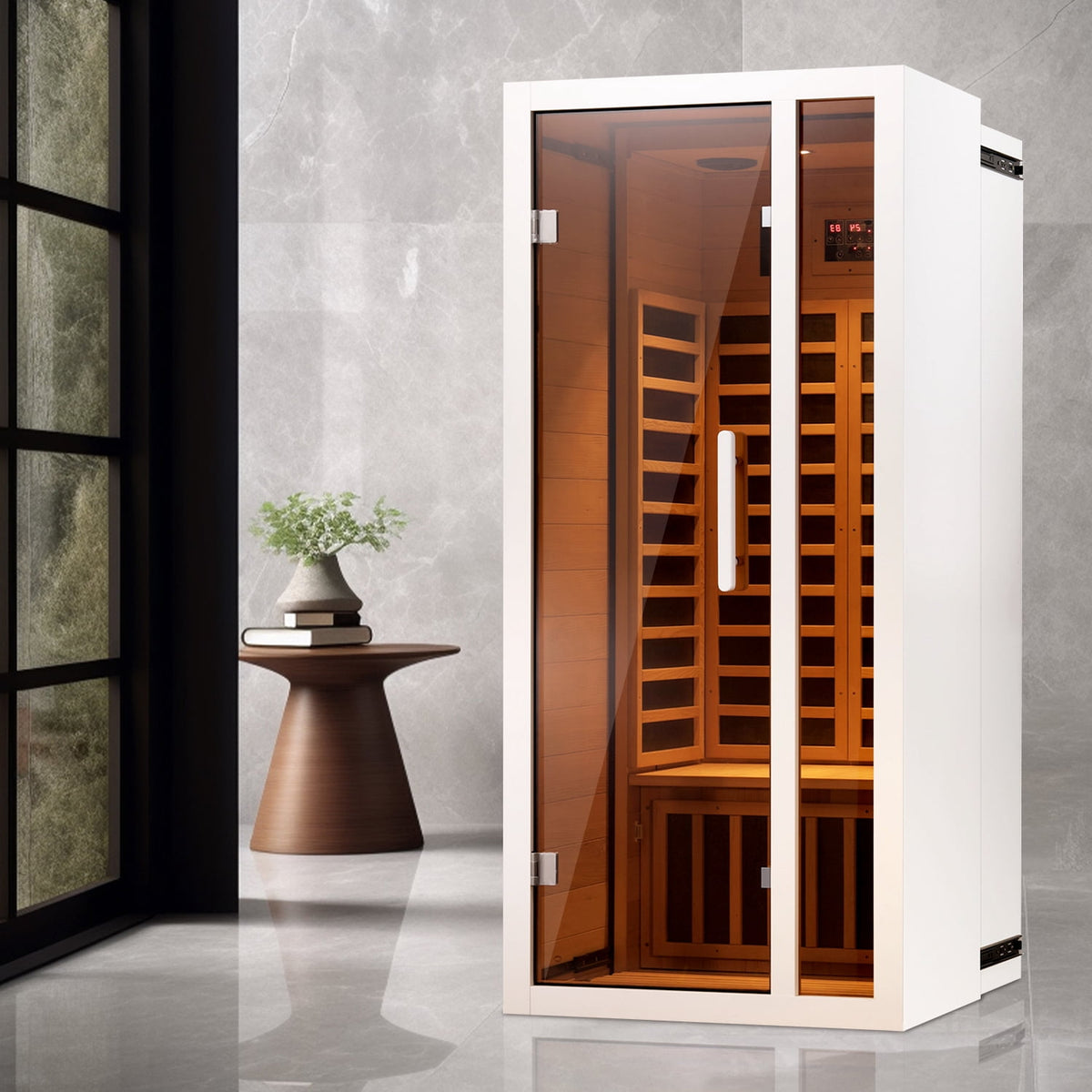 Transform Your Home with the 1-Person Extendable FAR Infrared Sauna – Enjoy Luxurious Relaxation with Hemlock Wood, Bluetooth Speaker, LED Lights, and Digital Control