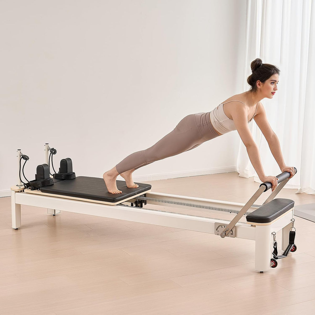 Pilates Reformer, Foldable & Non‑Folding Home Studio Trainer, 400‑440 Lbs Weight Capacity, Smooth Carriage, Sitting Box, Spring & Cord Resistance, Maple, Rubberwood & Aluminum
