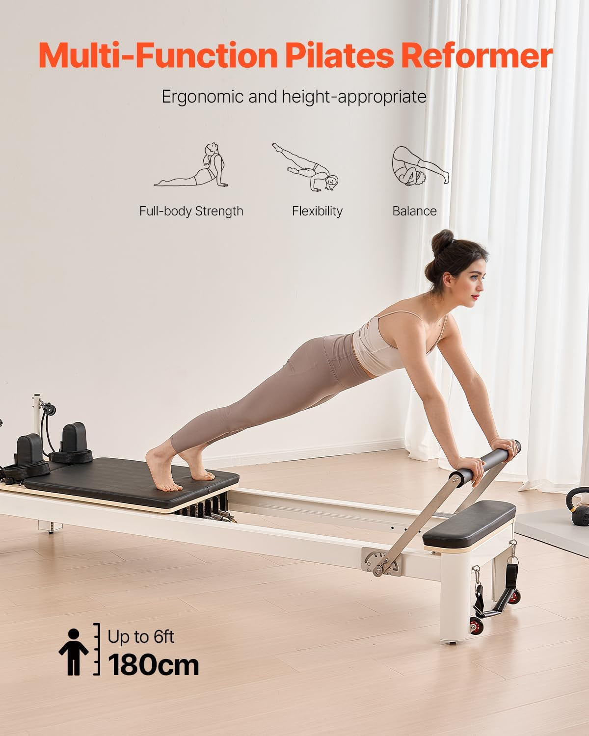 Pilates Reformer, Foldable & Non‑Folding Home Studio Trainer, 400‑440 Lbs Weight Capacity, Smooth Carriage, Sitting Box, Spring & Cord Resistance, Maple, Rubberwood & Aluminum