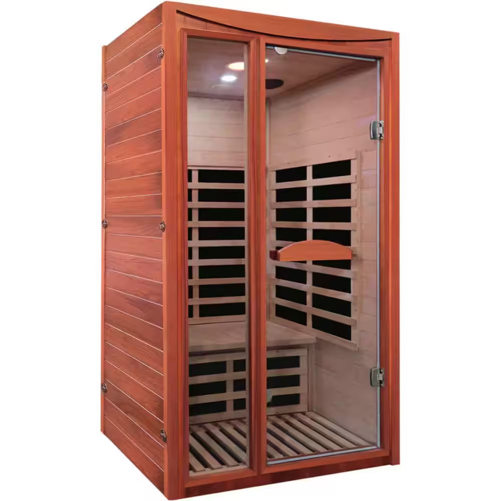 1-Person Spacious Indoor Okoume Wood Infrared Sauna with 6-Carbon Heating Panels, Bluetooth Speakers, Color Light