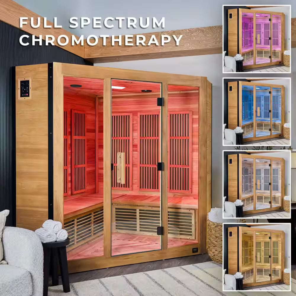 Rylan 4-Person Indoor Cedar Infrared Corner Sauna with 11 Carbon Far-Infrared Heaters, Red Light Therapy, Chromotherapy
