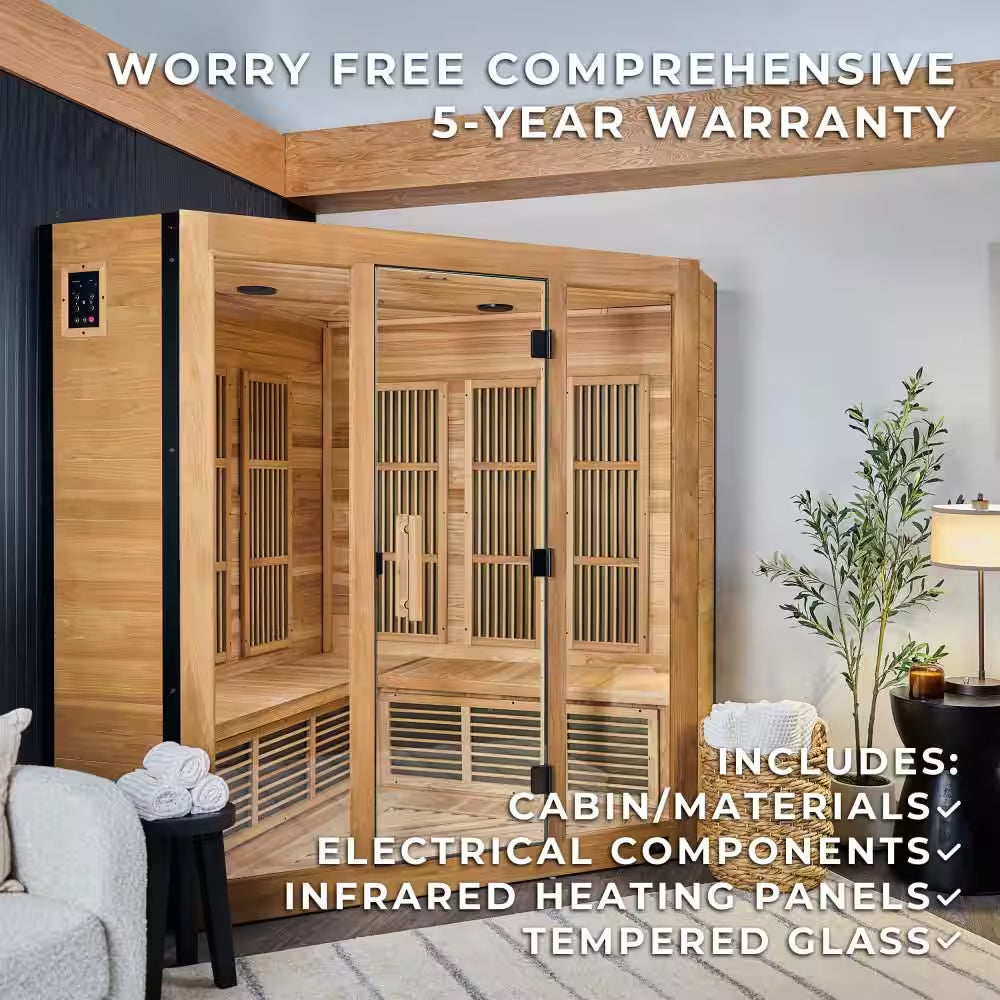 Rylan 4-Person Indoor Cedar Infrared Corner Sauna with 11 Carbon Far-Infrared Heaters, Red Light Therapy, Chromotherapy