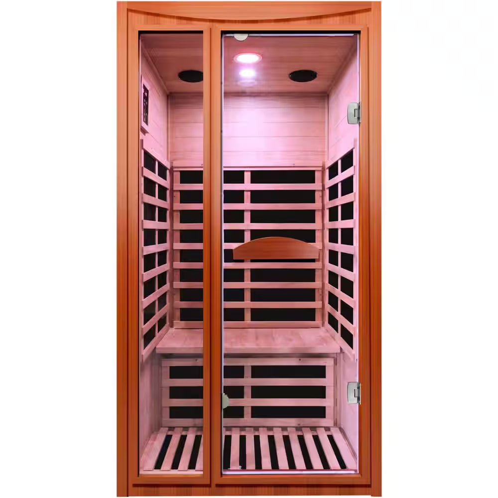 1-Person Spacious Indoor Okoume Wood Infrared Sauna with 6-Carbon Heating Panels, Bluetooth Speakers, Color Light