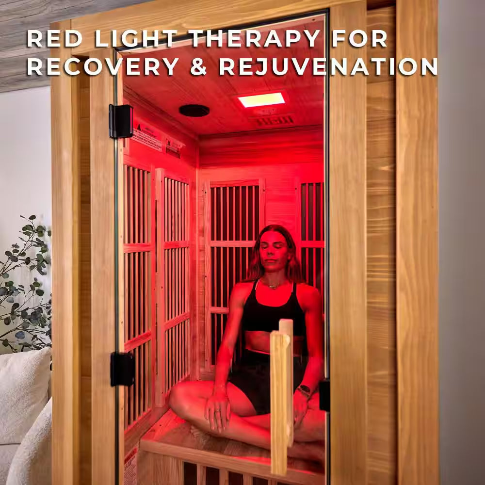Rylan 1-Person Indoor Cedar Infrared Sauna with 8 Carbon Far-Infrared Heaters, Red Light Therapy and Chromotherapy