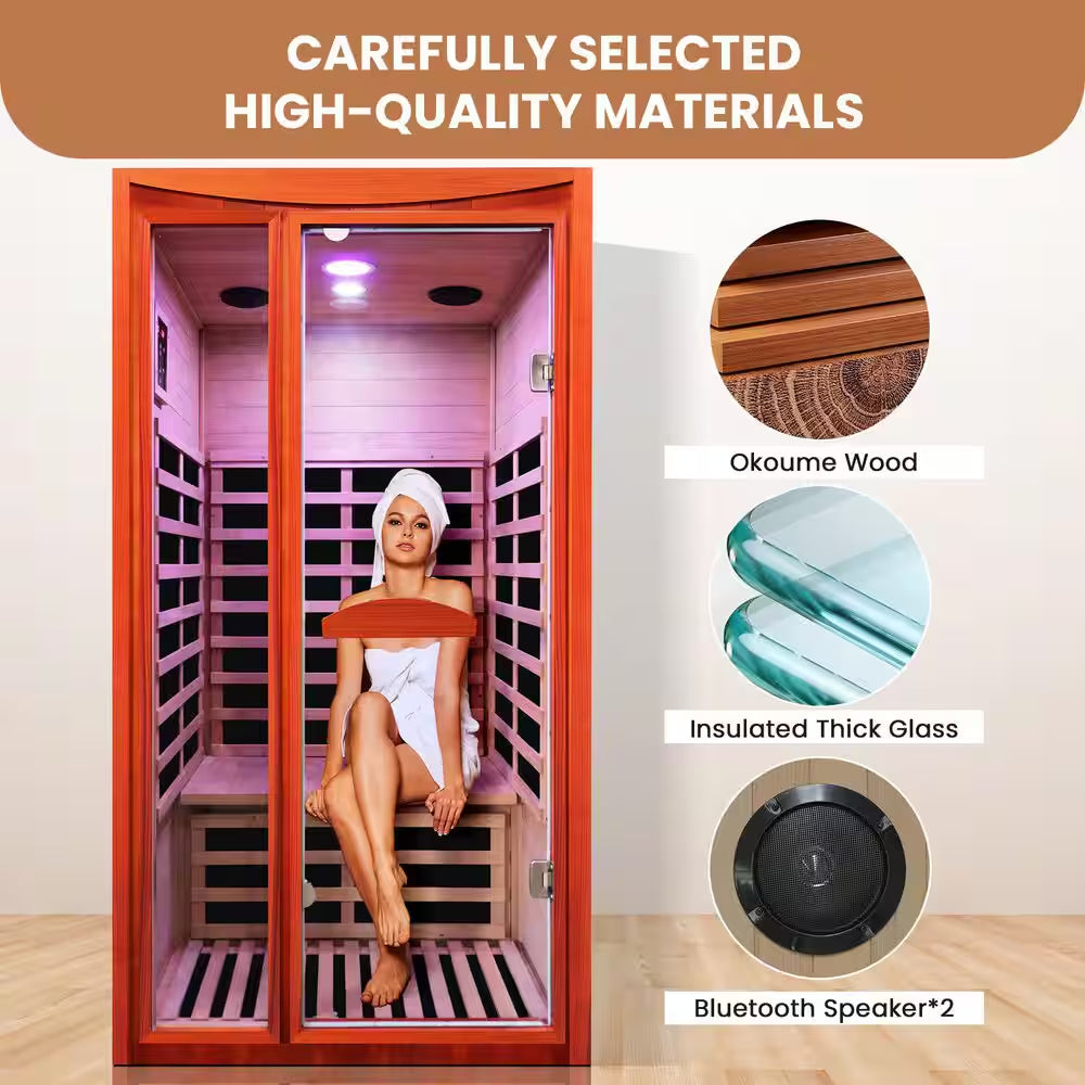 1-Person Spacious Indoor Okoume Wood Infrared Sauna with 6-Carbon Heating Panels, Bluetooth Speakers, Color Light