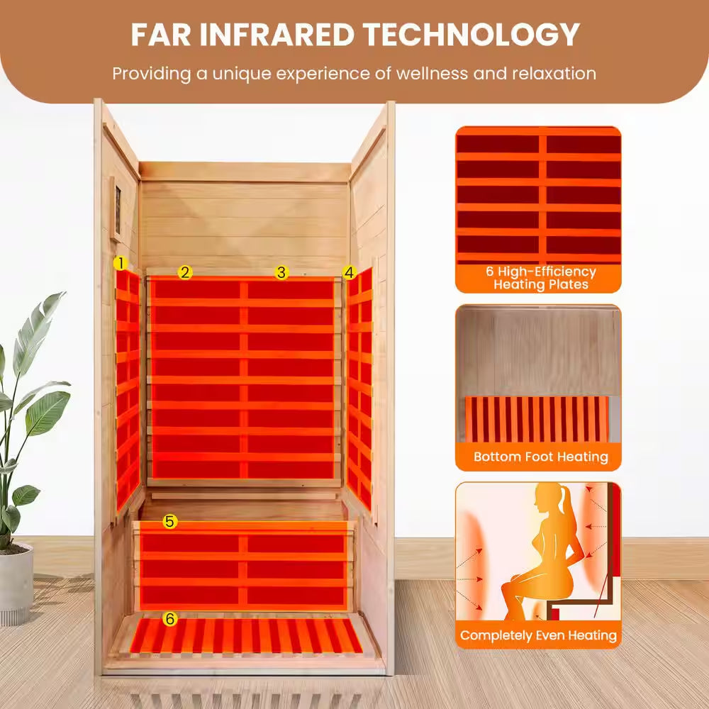 1-Person Spacious Indoor Okoume Wood Infrared Sauna with 6-Carbon Heating Panels, Bluetooth Speakers, Color Light