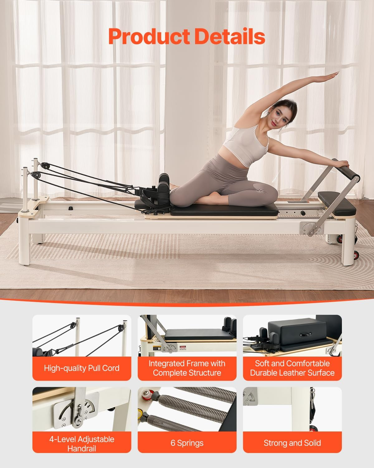 Pilates Reformer, Foldable & Non‑Folding Home Studio Trainer, 400‑440 Lbs Weight Capacity, Smooth Carriage, Sitting Box, Spring & Cord Resistance, Maple, Rubberwood & Aluminum