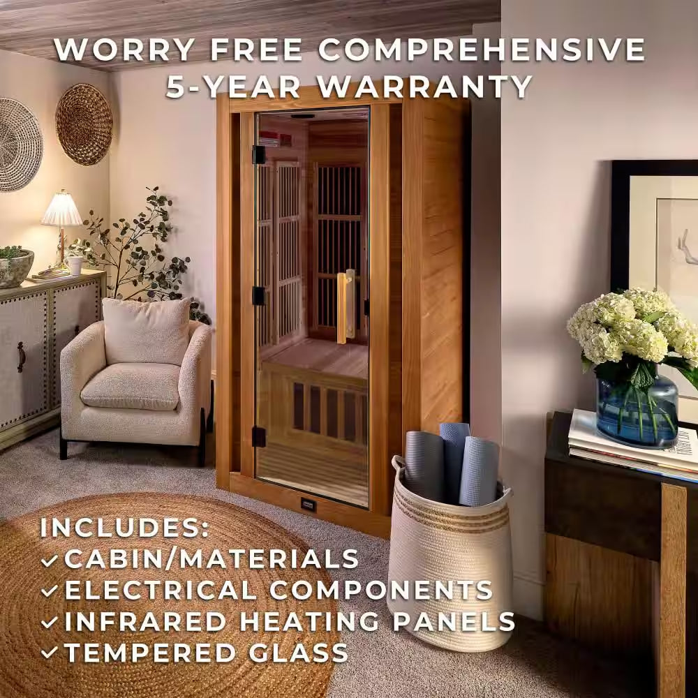 Rylan 1-Person Indoor Cedar Infrared Sauna with 8 Carbon Far-Infrared Heaters, Red Light Therapy and Chromotherapy