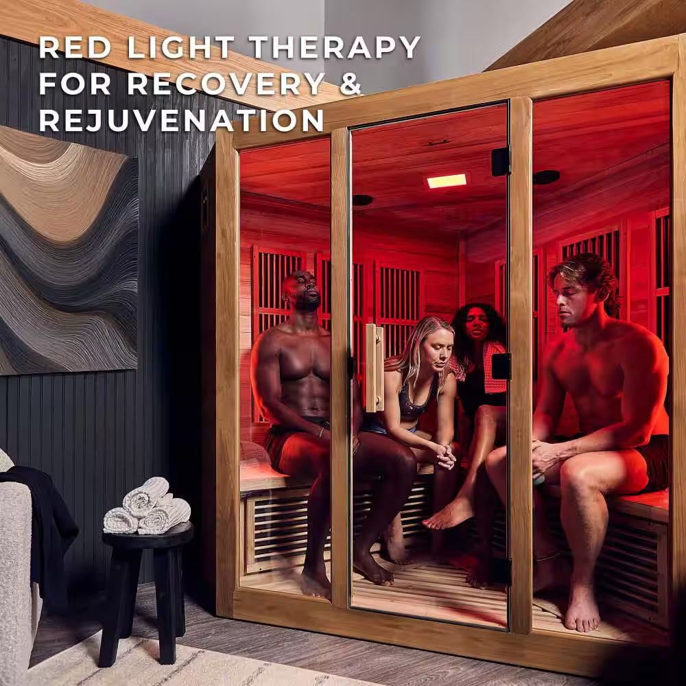 Rylan 4-Person Indoor Cedar Infrared Corner Sauna with 11 Carbon Far-Infrared Heaters, Red Light Therapy, Chromotherapy
