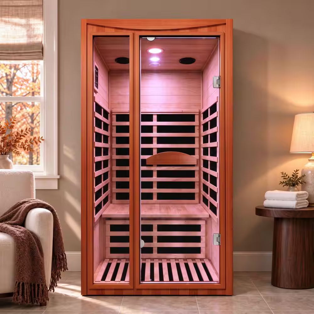 1-Person Spacious Indoor Okoume Wood Infrared Sauna with 6-Carbon Heating Panels, Bluetooth Speakers, Color Light