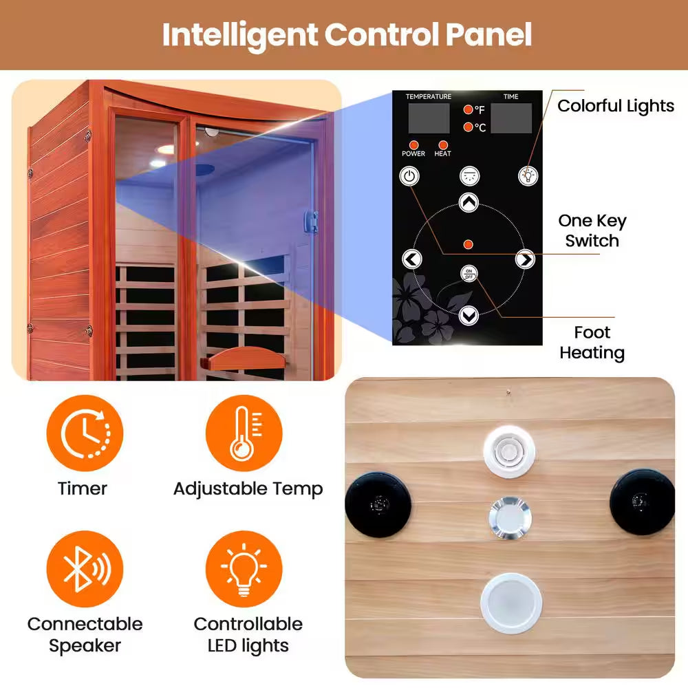 1-Person Spacious Indoor Okoume Wood Infrared Sauna with 6-Carbon Heating Panels, Bluetooth Speakers, Color Light