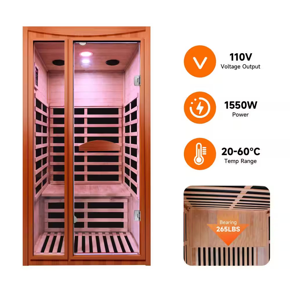 1-Person Spacious Indoor Okoume Wood Infrared Sauna with 6-Carbon Heating Panels, Bluetooth Speakers, Color Light