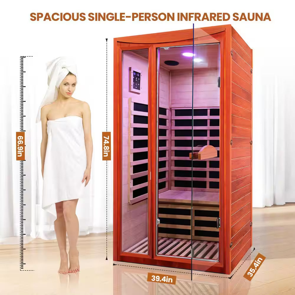 1-Person Spacious Indoor Okoume Wood Infrared Sauna with 6-Carbon Heating Panels, Bluetooth Speakers, Color Light