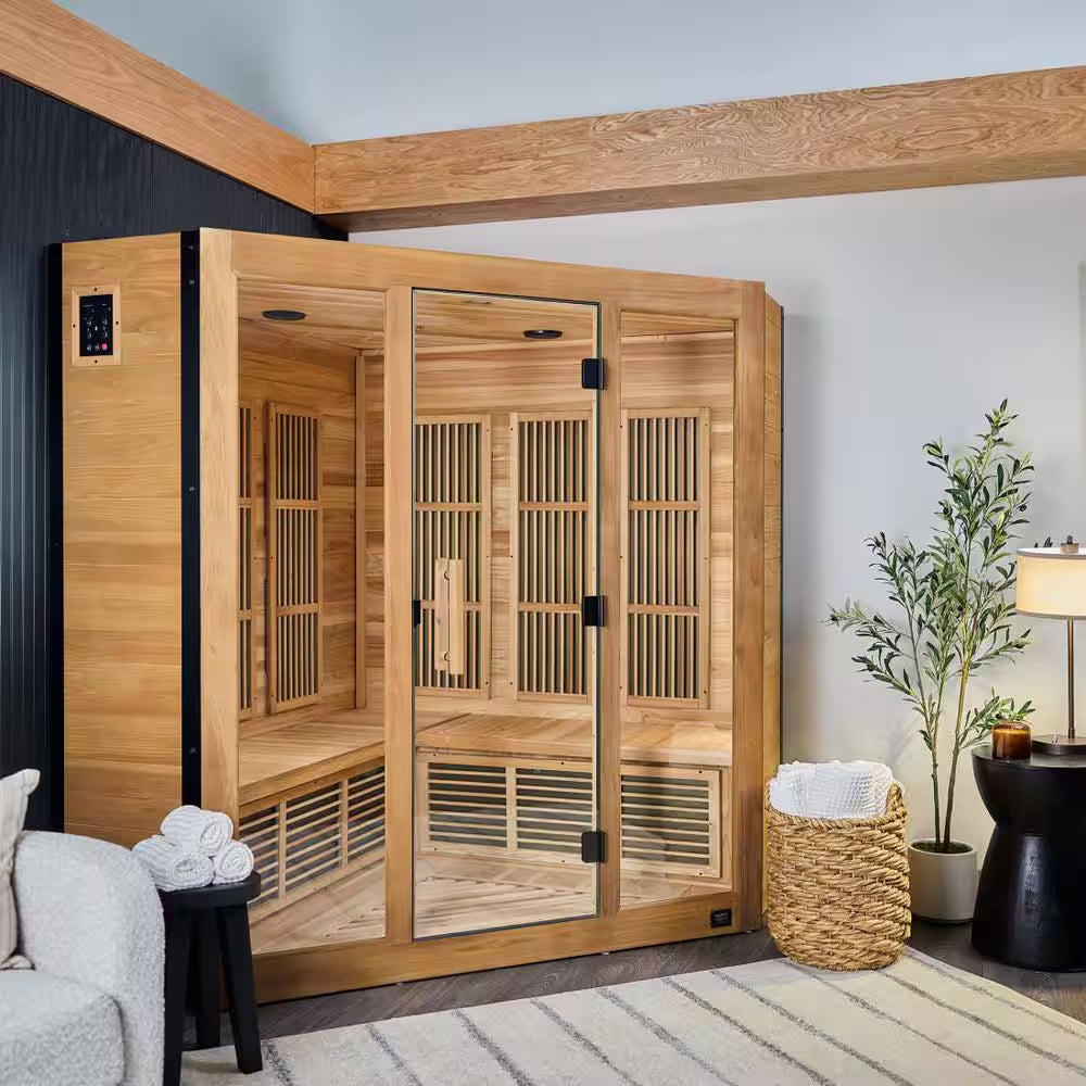 Rylan 4-Person Indoor Cedar Infrared Corner Sauna with 11 Carbon Far-Infrared Heaters, Red Light Therapy, Chromotherapy