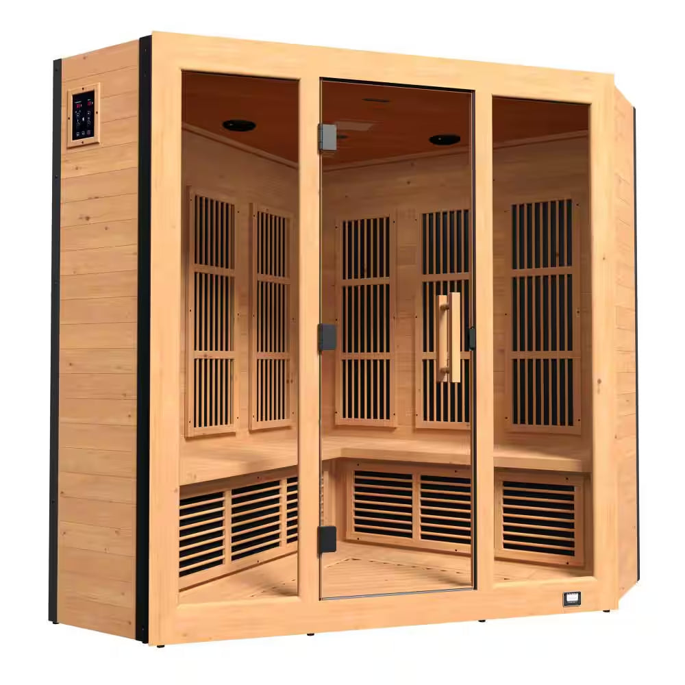 Rylan 4-Person Indoor Cedar Infrared Corner Sauna with 11 Carbon Far-Infrared Heaters, Red Light Therapy, Chromotherapy