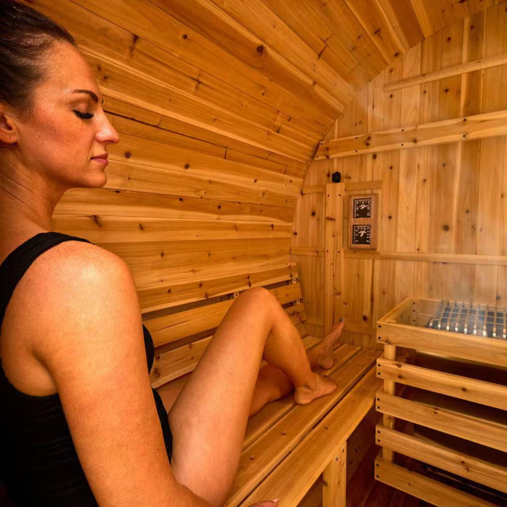 Paxton 4-Person Outdoor Cedar Traditional Wet/Dry Barrel Sauna with 9Kw Electric Heater, Wi-Fi Control, LED Lights