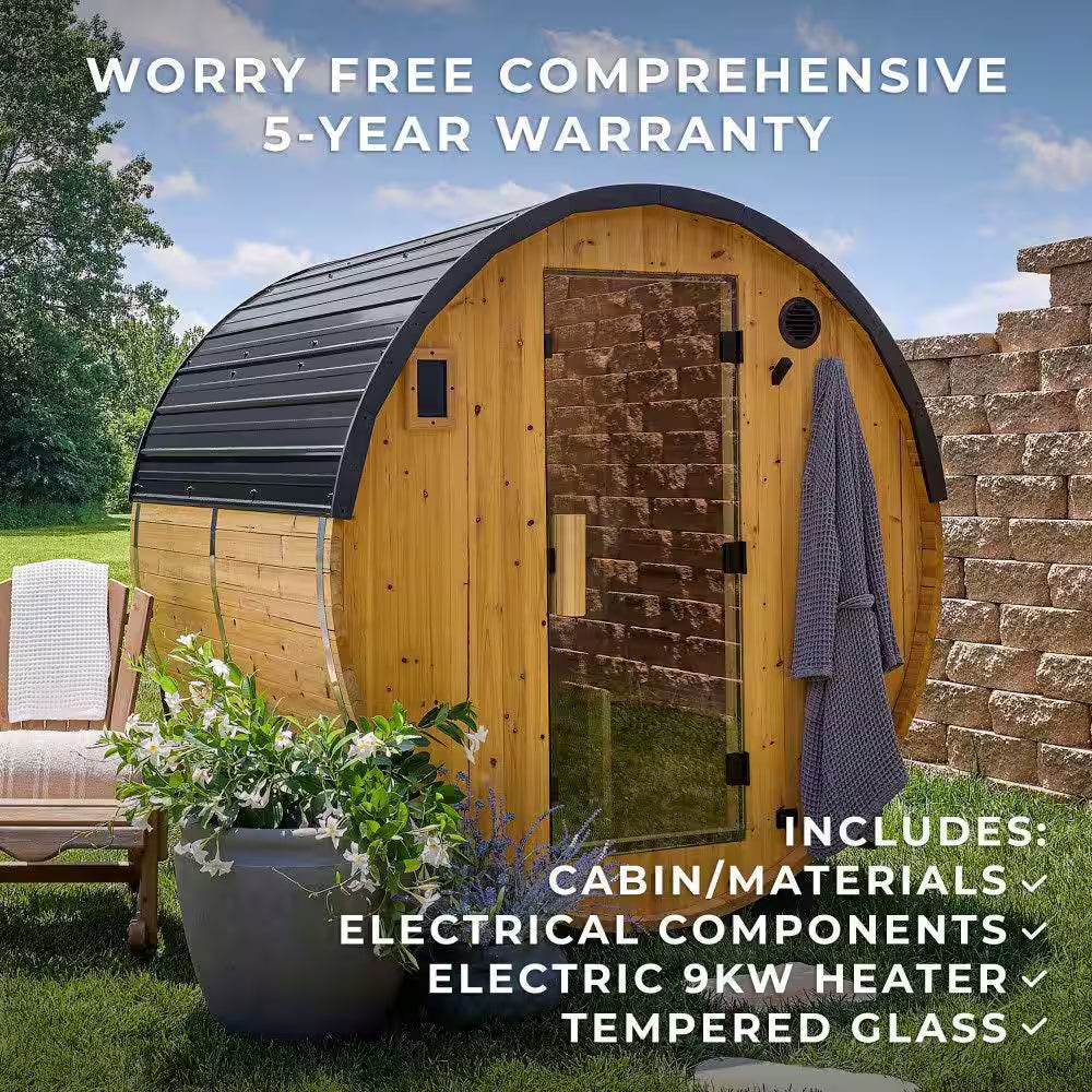 Paxton 4-Person Outdoor Cedar Traditional Wet/Dry Barrel Sauna with 9Kw Electric Heater, Wi-Fi Control, LED Lights