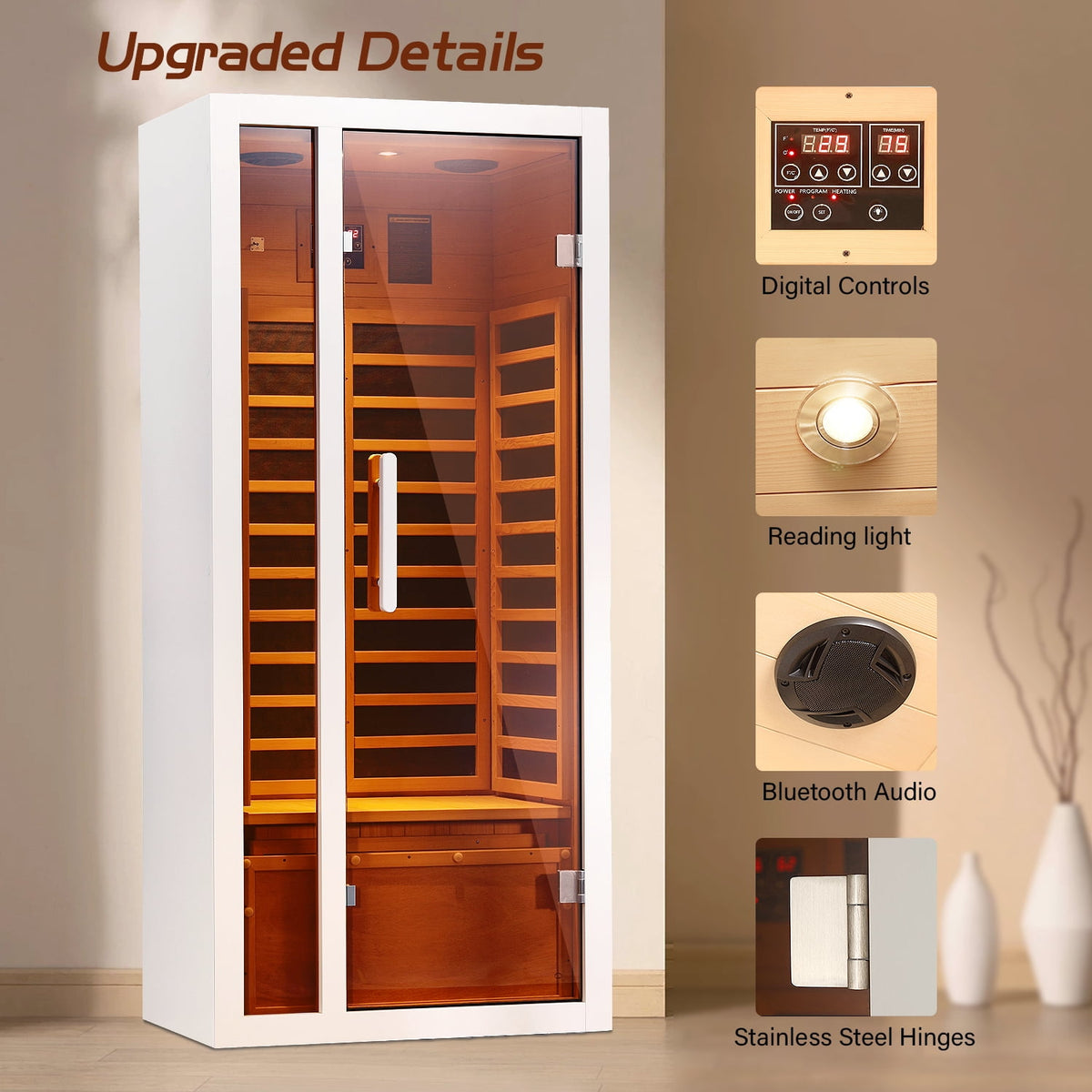Transform Your Home with the 1-Person Extendable FAR Infrared Sauna – Enjoy Luxurious Relaxation with Hemlock Wood, Bluetooth Speaker, LED Lights, and Digital Control