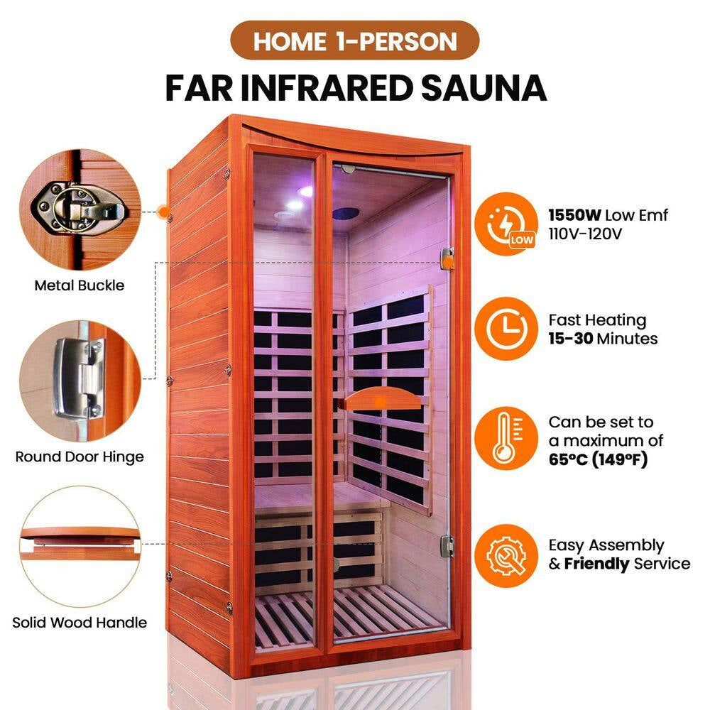 1-Person Spacious Indoor Okoume Wood Infrared Sauna with 6-Carbon Heating Panels, Bluetooth Speakers, Color Light