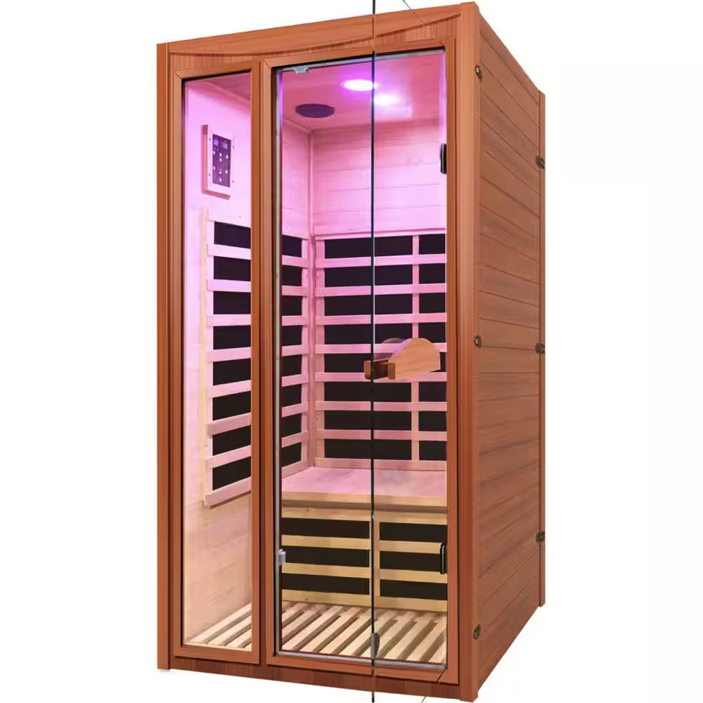 1-Person Spacious Indoor Okoume Wood Infrared Sauna with 6-Carbon Heating Panels, Bluetooth Speakers, Color Light